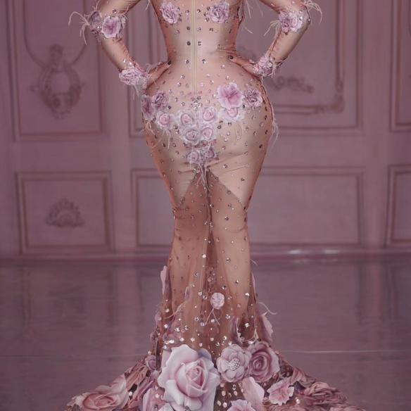 Pink Mesh Flower Rhinestone Fishtail Dress