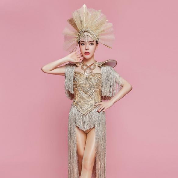 Golden Shoulder Pad Bling Rhinestones Fringe Leotard Bodysuit