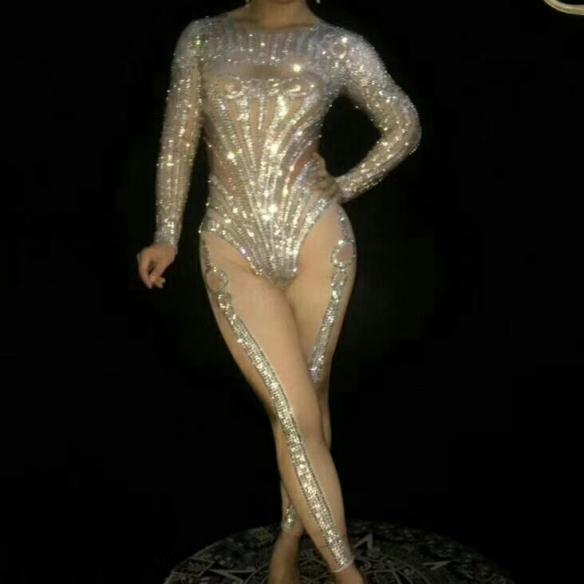 Skincolor White Pattern Rhinestone Bodysuit