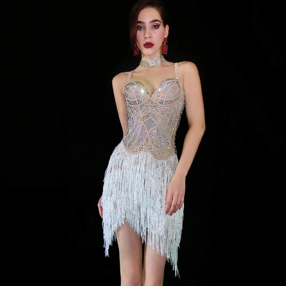 Sparkly Multi-color Rhinestones Fringed Braces Skirt