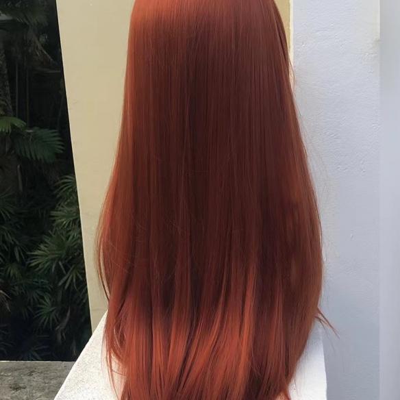 Reddish brown long straight synthetic wig