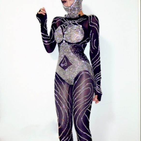 Full Diamond Long Sleeve Black Pullover Hat Jumpsuit