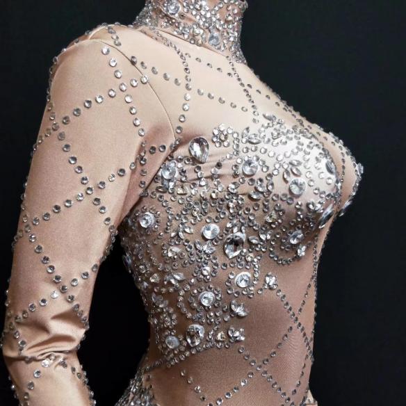 Skincolor Rhinestone Grid Dress