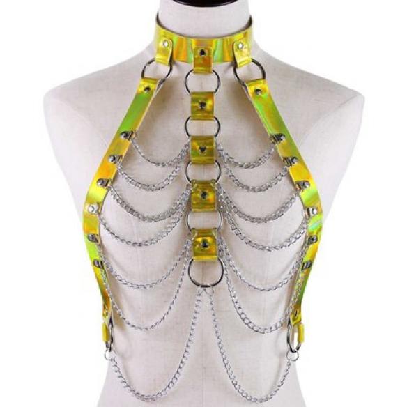 Yellow Body Cage Harness Bra Laser Metal Chain Rave Costume