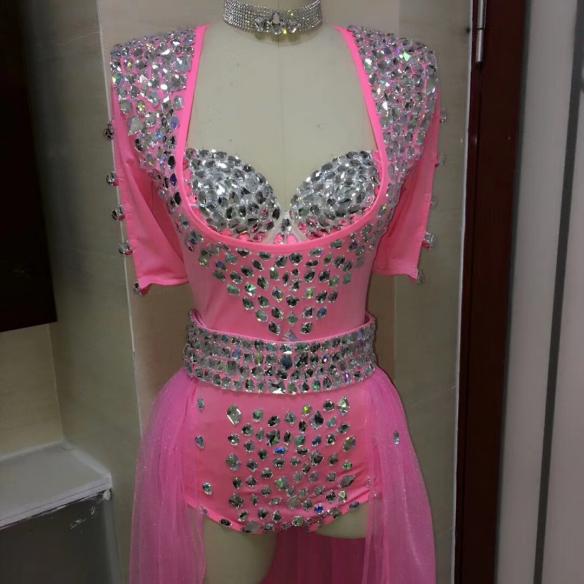 Pink Silver Hand- sew Rhinestone Tail Outfit