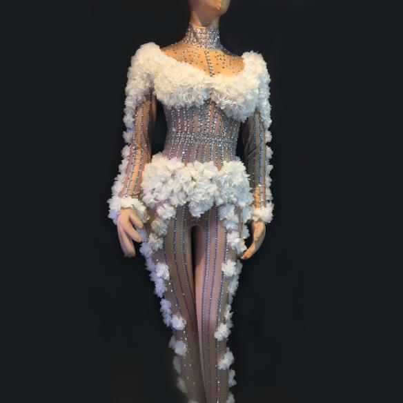 White Flower Rhinestone Bodysuit