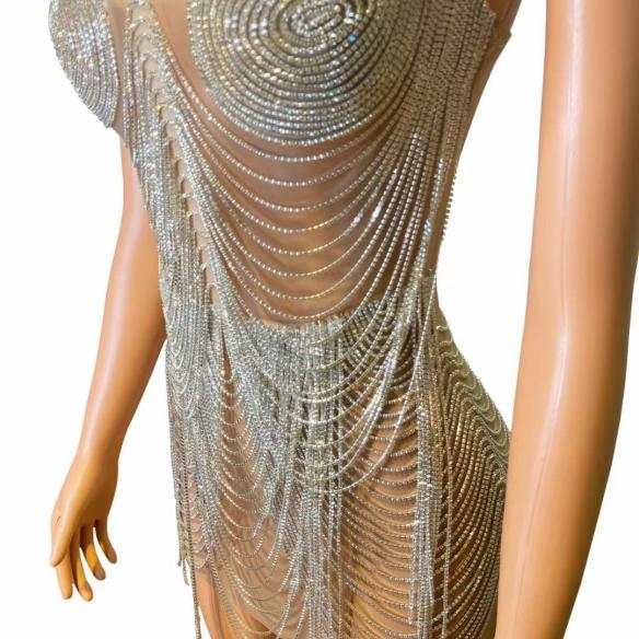 Silver rhinestone body chain dress