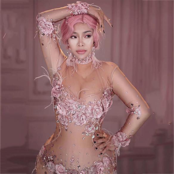 Floral Rhinestones Nude Maxi Dress