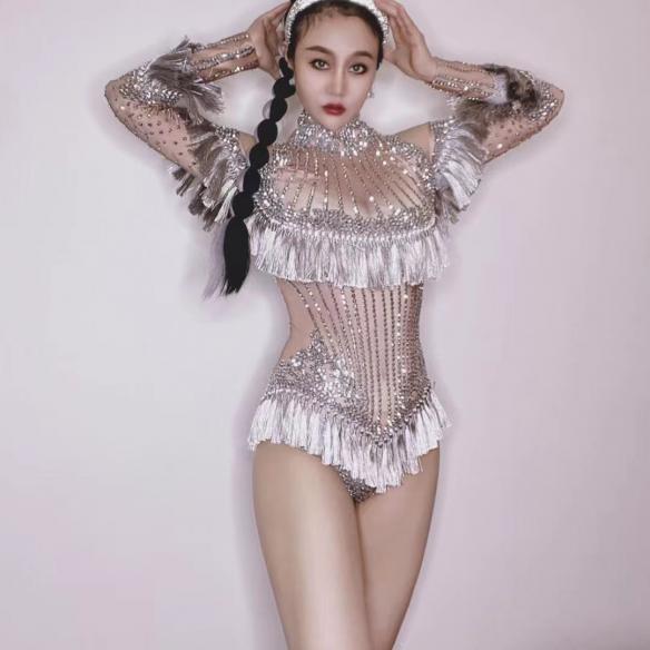 Lotus pink tassel rhinestone leotard