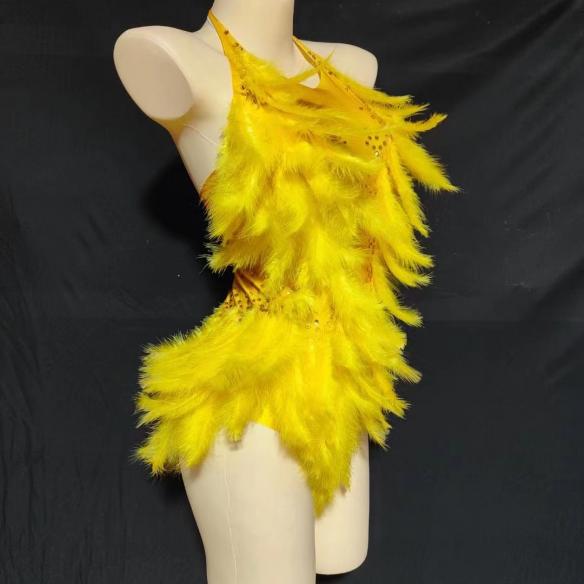 Yellow feather & rhinestone leotard