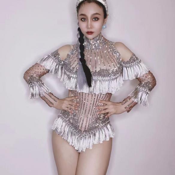 Lotus pink tassel rhinestone leotard