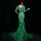 Green Rhinestones Feather Trailing Dress