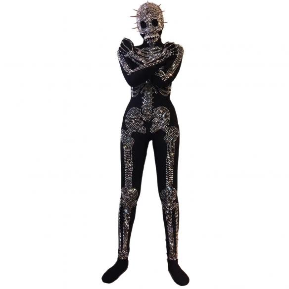 Silver Rhinestone Rivet Skeleton Bodysuit