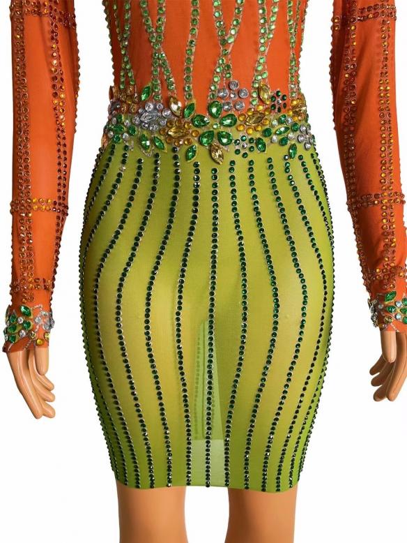 Orange & Green Rhinestone Dress