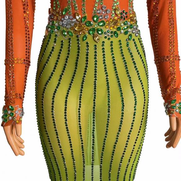 Orange & Green Rhinestone Dress