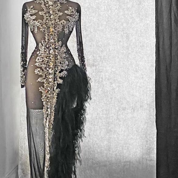 Black Rhinestone Fishtail Slit Dress