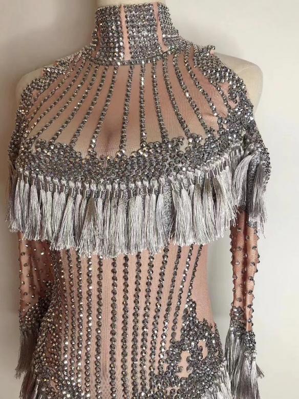 Lotus pink tassel rhinestone leotard