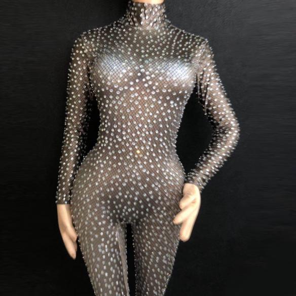 Black Transparent Rhinestone Bodysuit