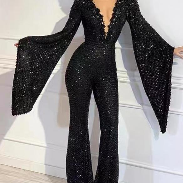 Black sequin wide sleeves jumpsuit