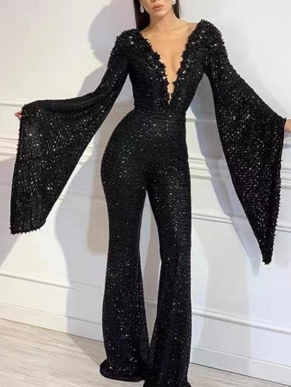 Black sequin wide sleeves jumpsuit
