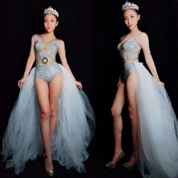 White Rhinestone Tailing Dress