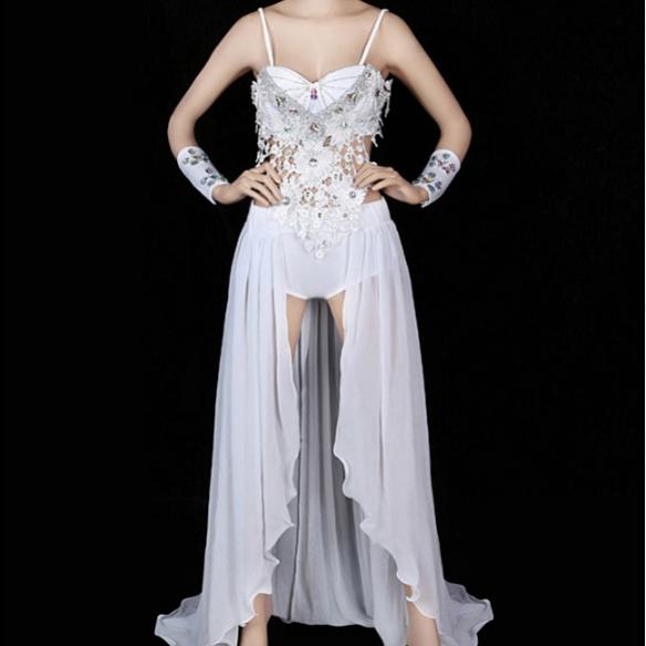White Gown Dress with Long Trailing Drag Queen Showgirl Cabaret