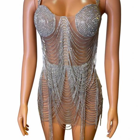 Silver rhinestone body chain dress