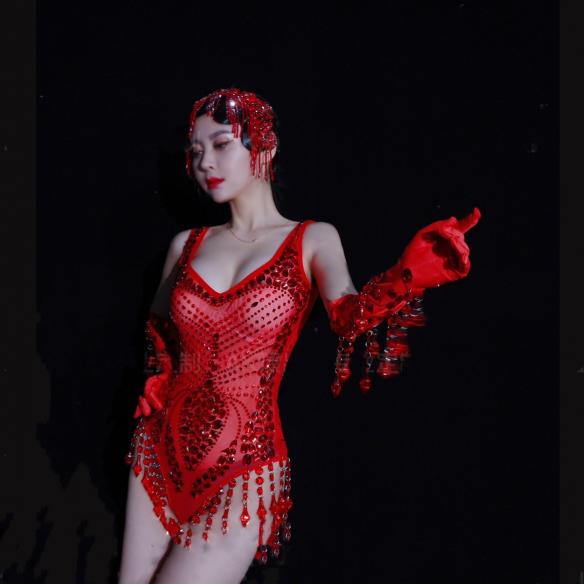 Red Rhinestone Leotard (includes headdress & gloves)