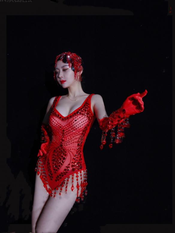 Red Rhinestone Leotard (includes headdress & gloves)