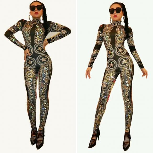 Black Rhinestones Bling Bodysuit