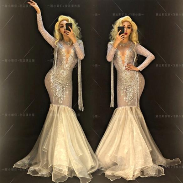 White Crystallized Rave Long Trail Dress
