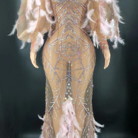 Customized pink mesh feather dress