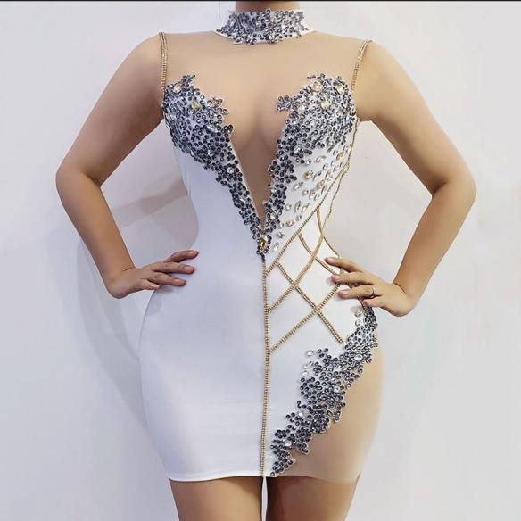 White Rhinestoned Sleeveless Short Dress