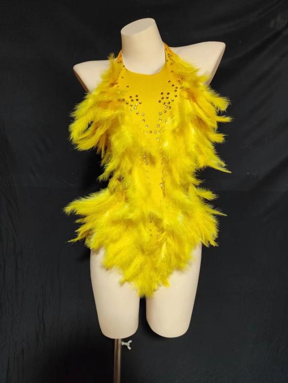 Yellow feather & rhinestone leotard
