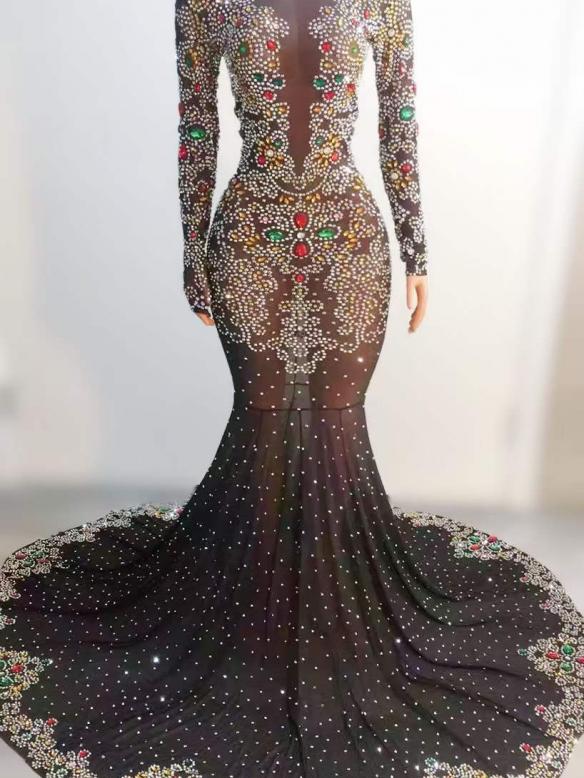 Customized shiny rhinestone trailing dress