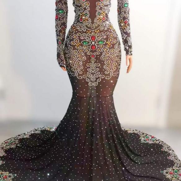 Customized shiny rhinestone trailing dress