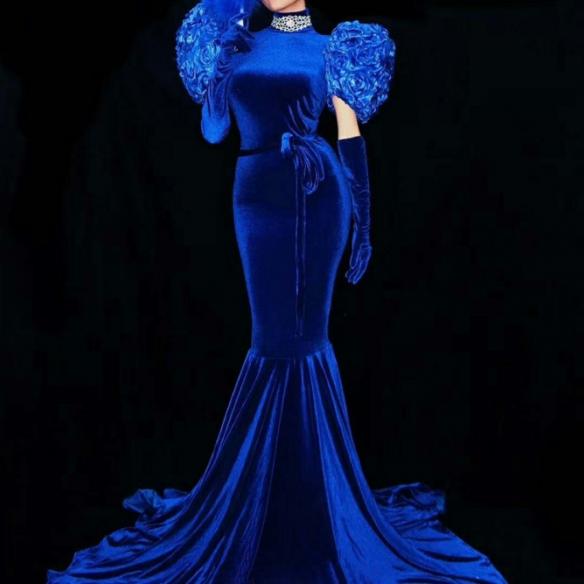 Blue Puff Sleeves Maxi Dress