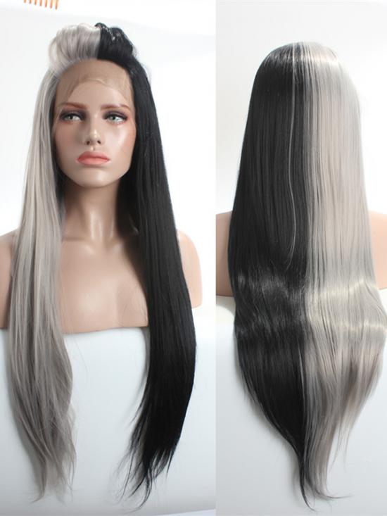 Neon Half Grey And Half Black Synthetic Lace Front Wigs Raywigs