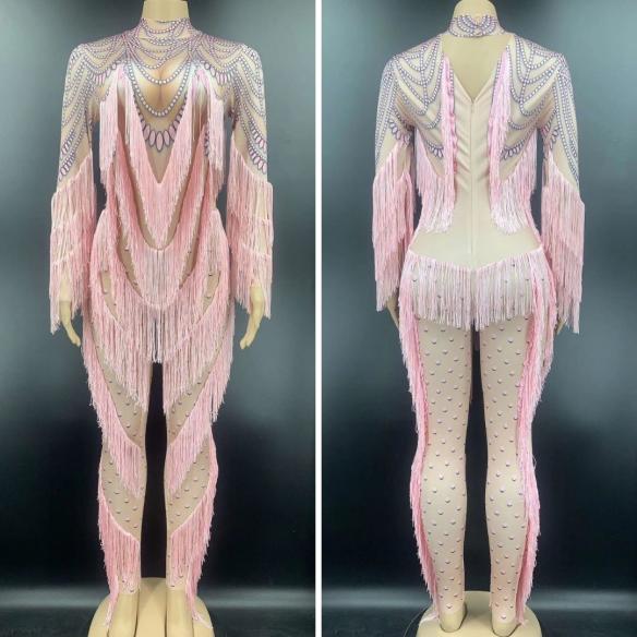 Pink Bead Print Tassel Bodysuit