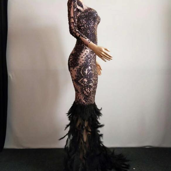 Black Rhinestone Feather Trailing Dress