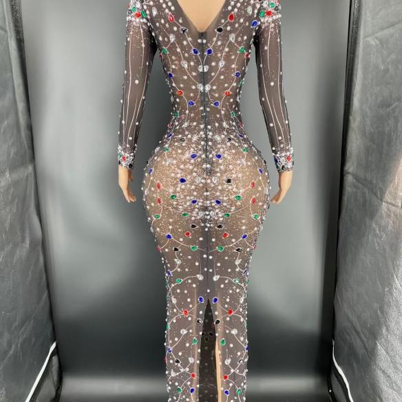 Black & White Long Rhinestone Dress