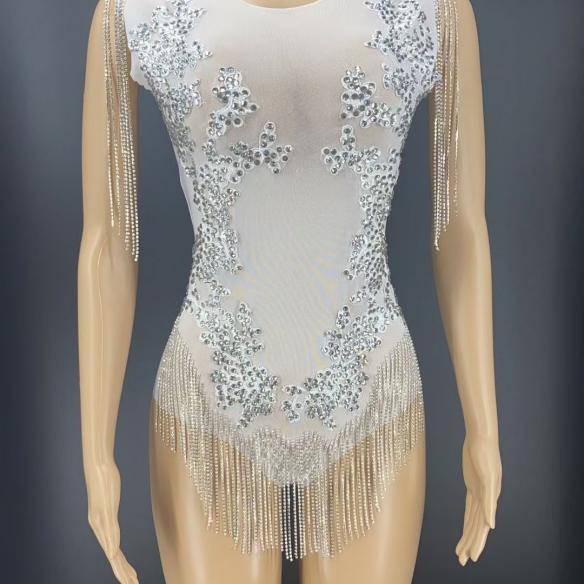 White Tassel & Rhinestone Leotard