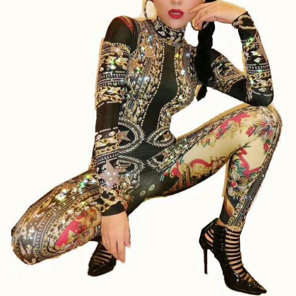 Black Rhinestones Bling Bodysuit