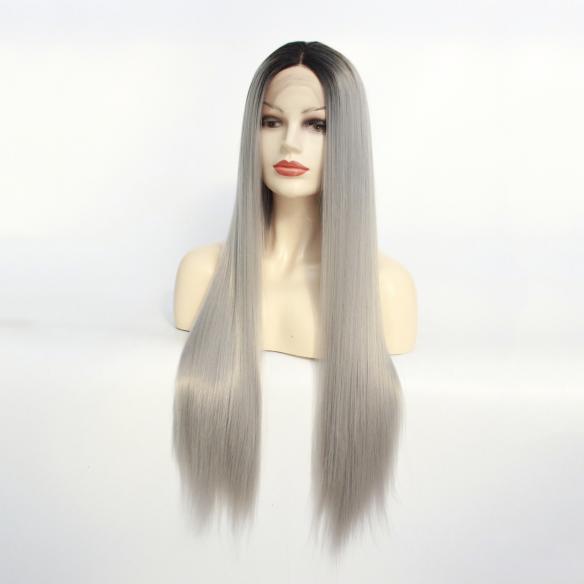 Long Straight Grey With Dark Root Drag Wig