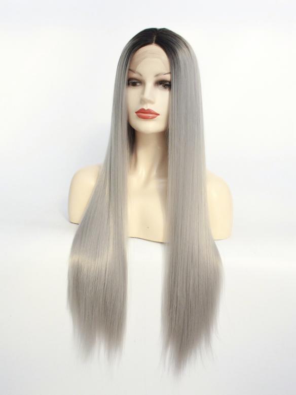 Long Straight Grey With Dark Root Drag Wig