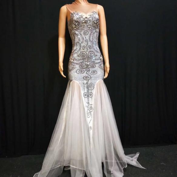 Grey Rhinestone Trailing Dress