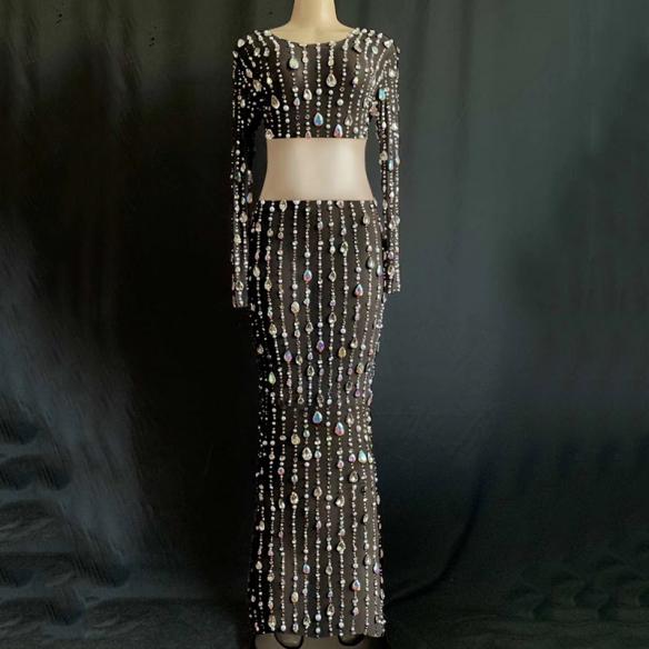 Multi-color Rhinestone Transparent Two-piece Dress