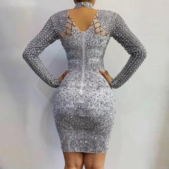 Grey Rhinestone Grid Dress