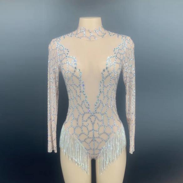 Skincolor Rhinestone Grid Leotard
