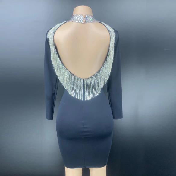 Black Backless Fringe Dress